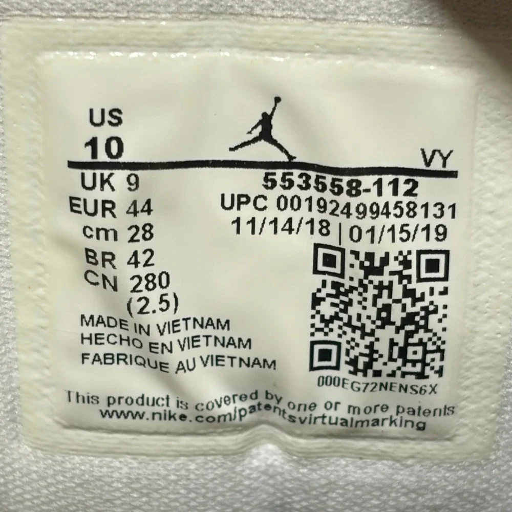 Nike Air Jordan 1 Low Triple White Tumbled Leather Shoes 553558-112 Mens 10